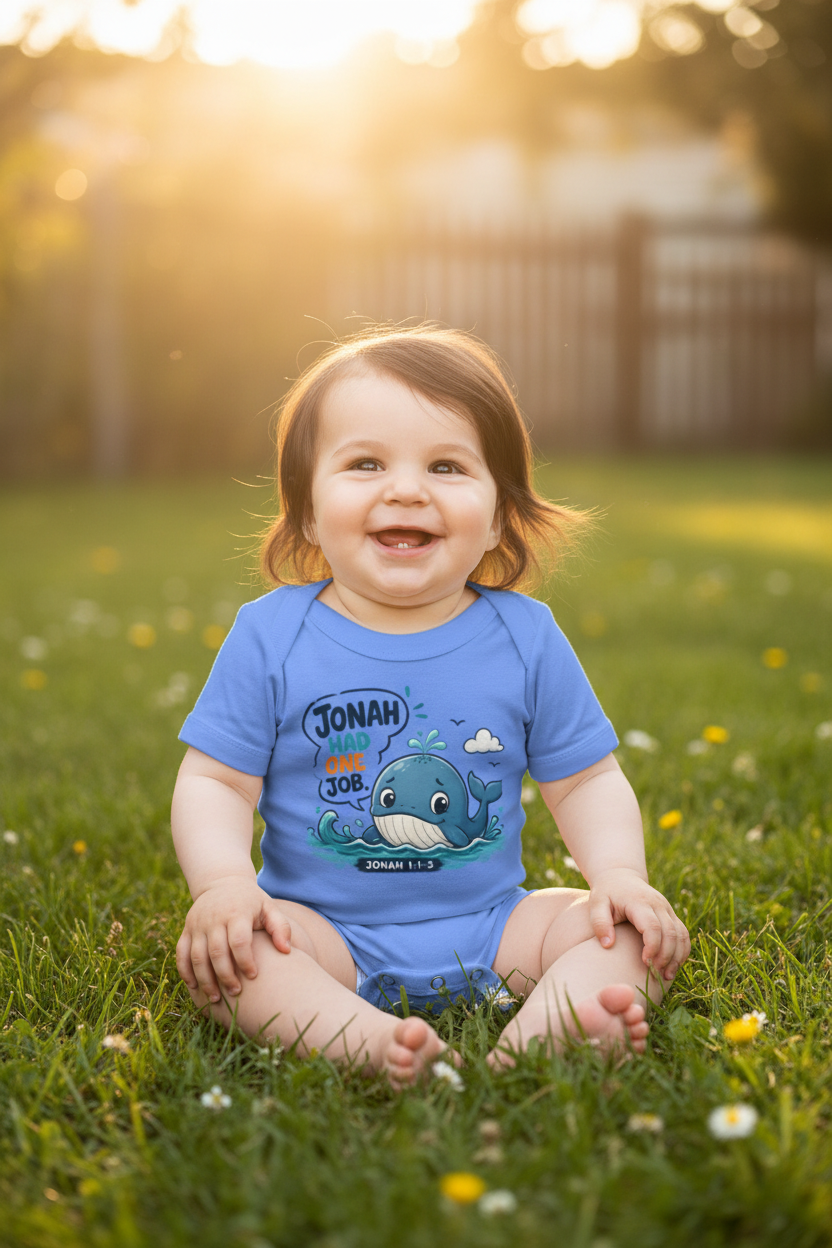 Baby in grass wearing Jonah tee