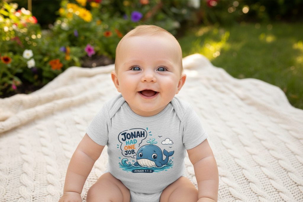 Baby on blanket wearing Jonah tee
