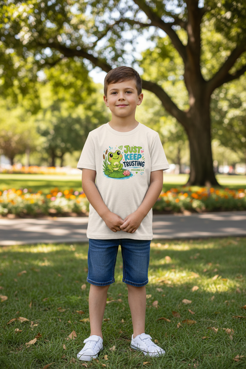 Boy showing Proverbs 3:5 design